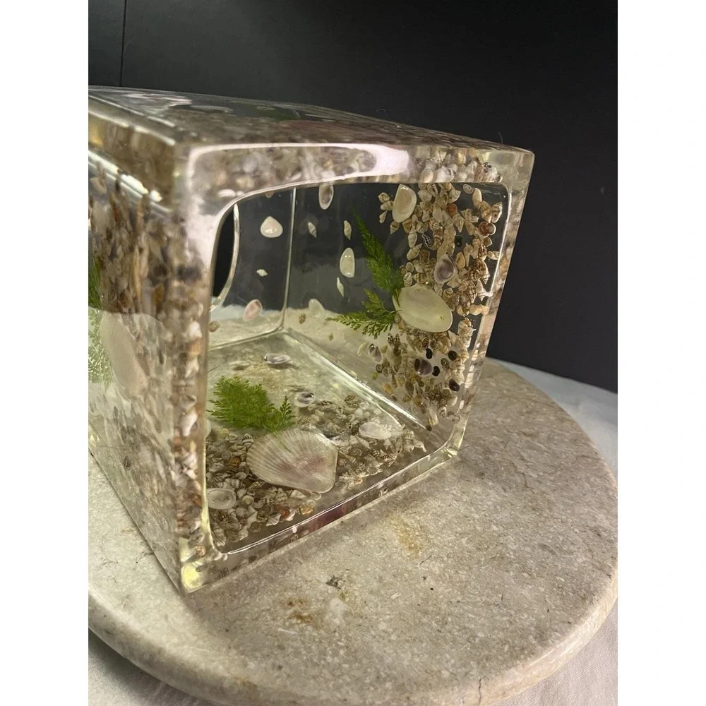 1970's Lucite Acrylic Tissue Box Cover Holder Embedded 6x6Sea Shells Beach Theme